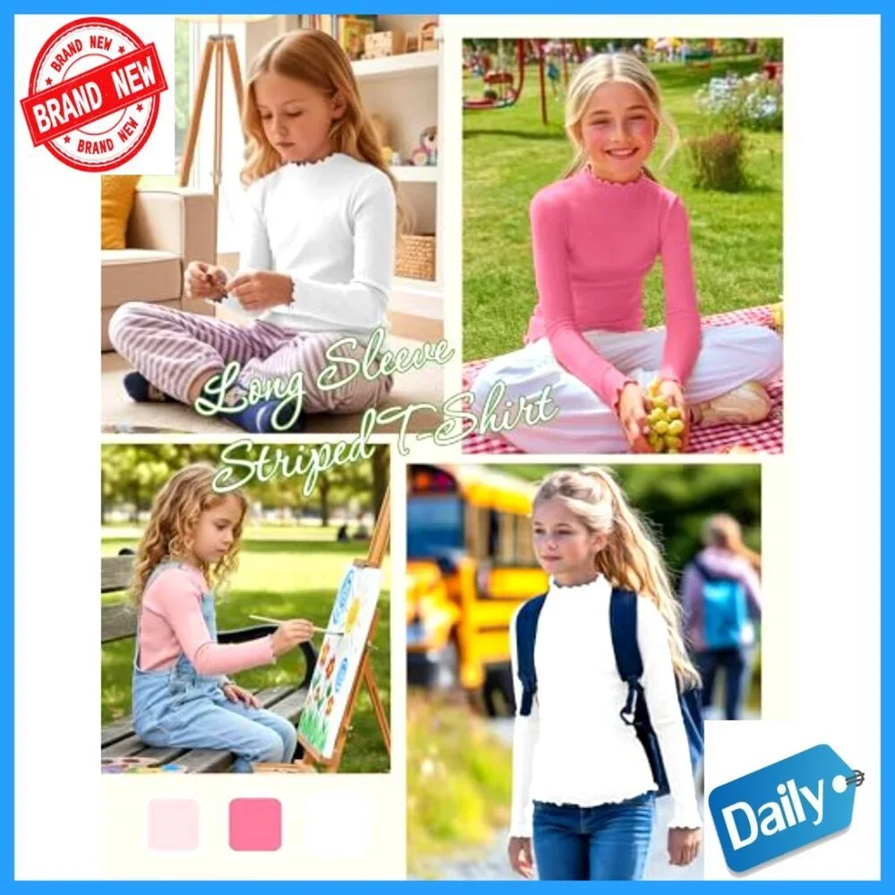 Girls 3 Pack Lettuce Trim Mock Neck Long Sleeve Cotton Tees 5-14Y Slim Fit